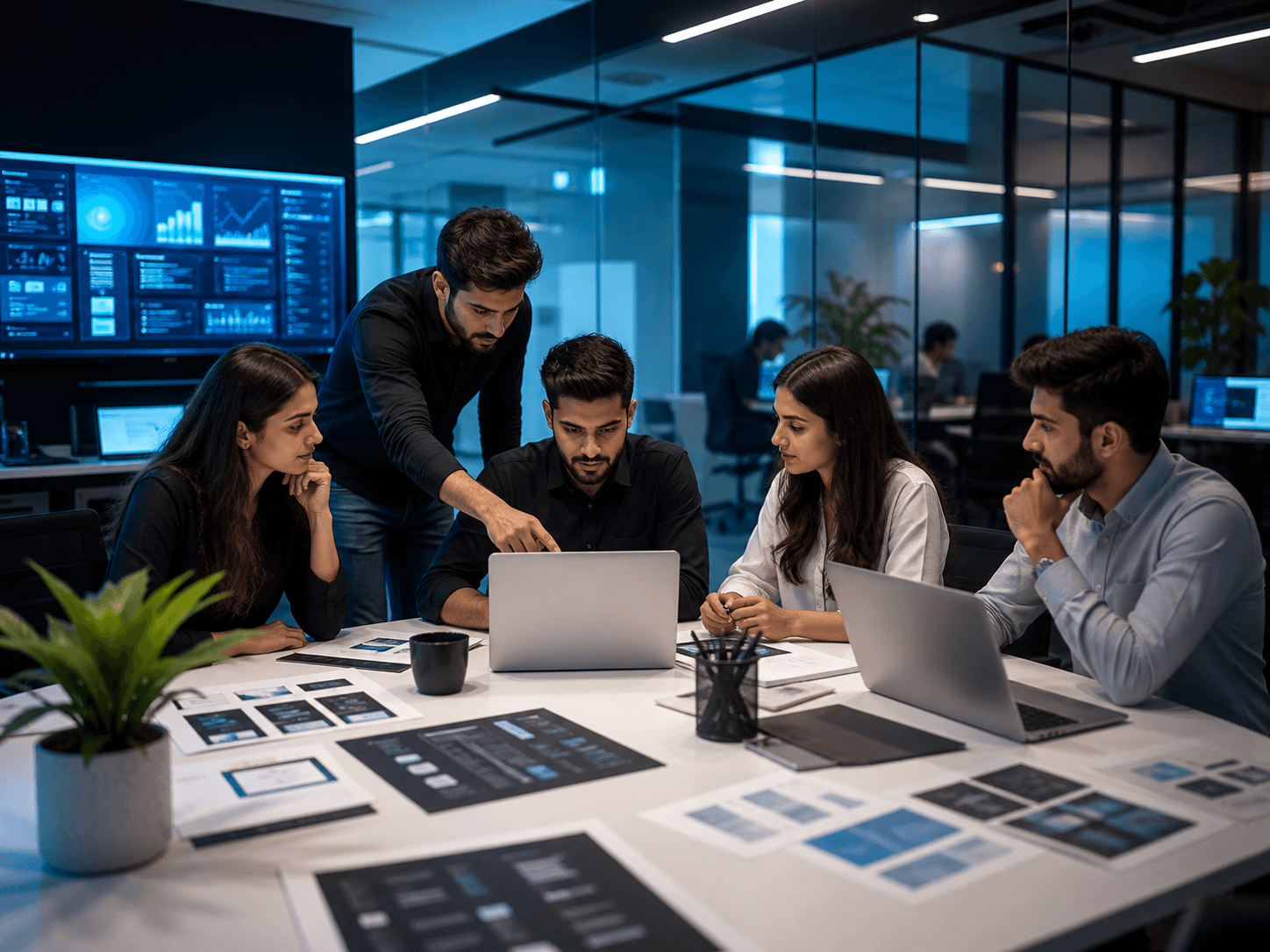Functions Global employees collaborating in a modern office