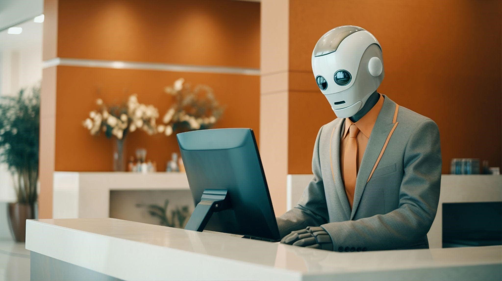 Robot assistant at a reception desk for AI agents content portfolio