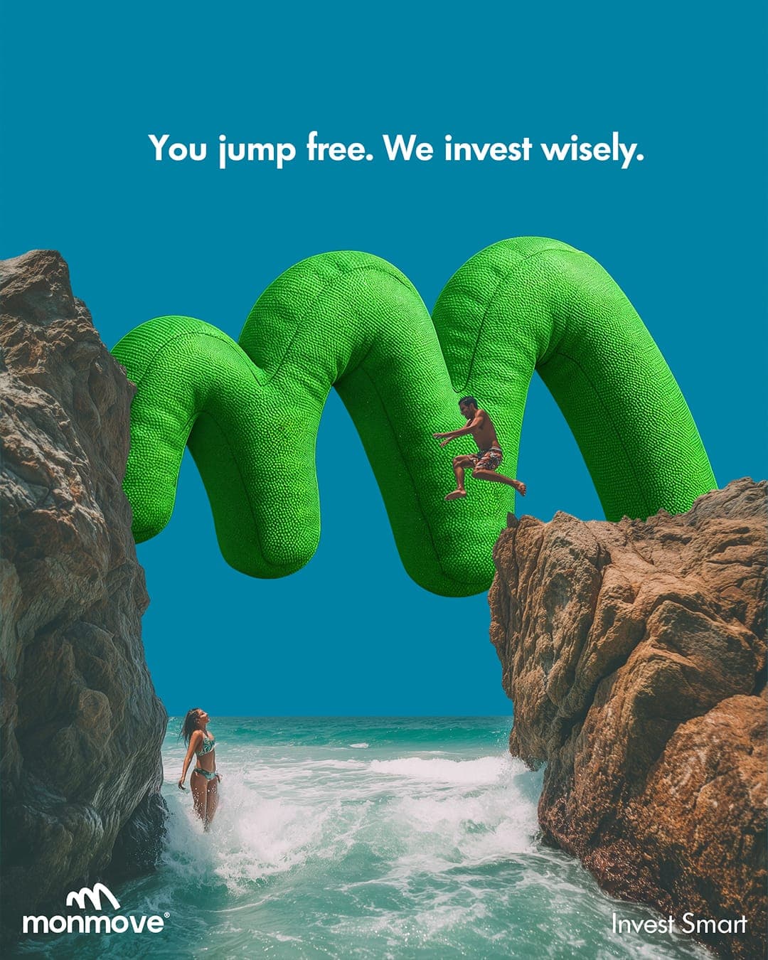 Monmove adventure campaign poster with a large green brand mark over ocean cliffs