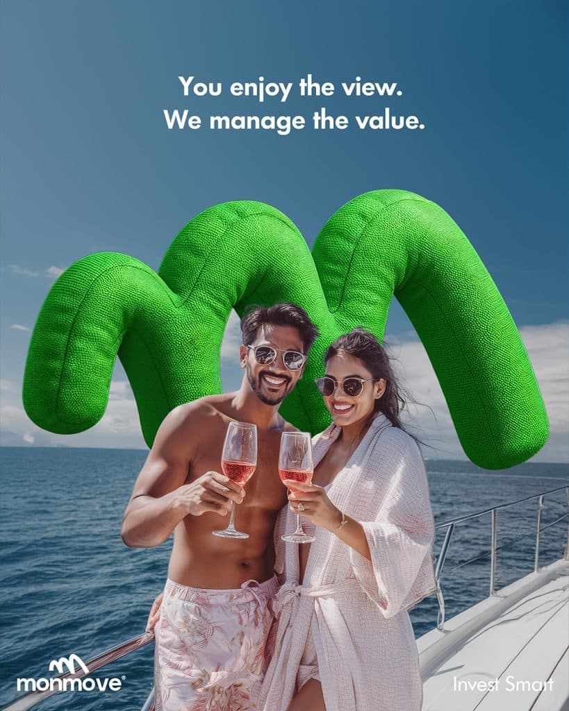 Monmove yacht lifestyle campaign poster with a couple holding drinks