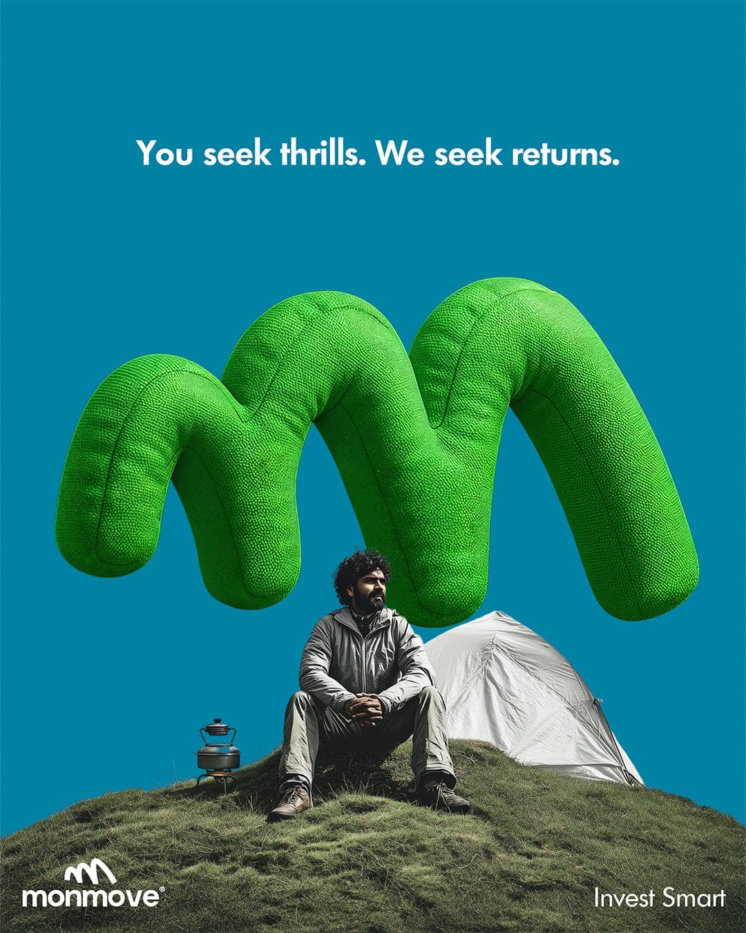Monmove camping campaign poster with green brand mark and invest smart message