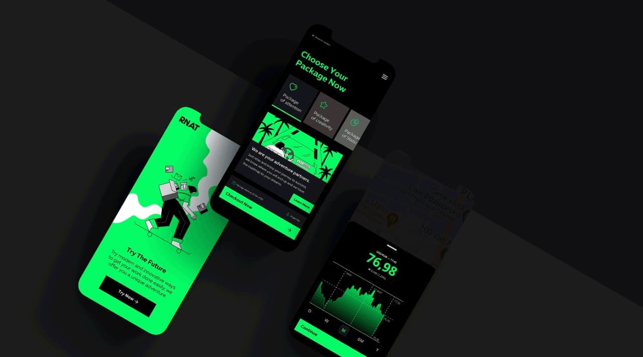 RNAT mobile app interface showcase with green and black screens