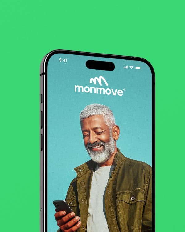 Monmove phone launch visual with brand logo and start investing button