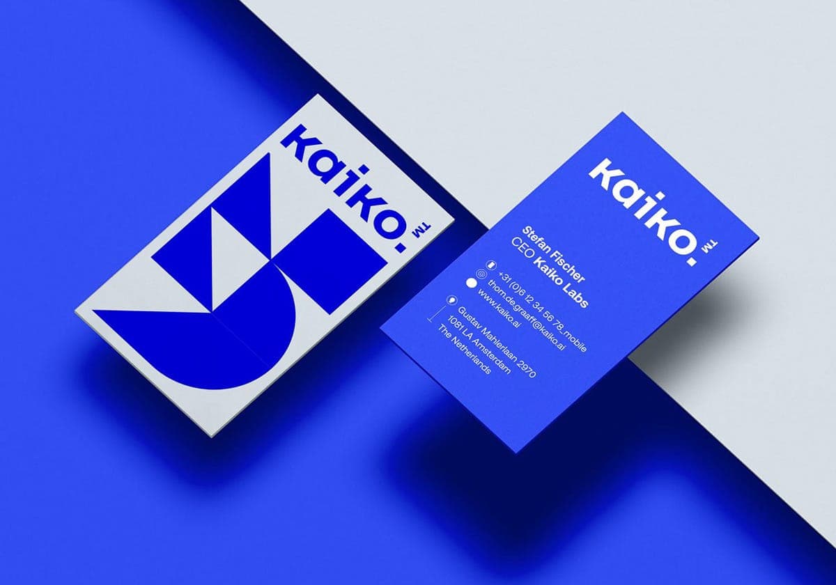 Kaiko business card system with blue and white geometric brand design