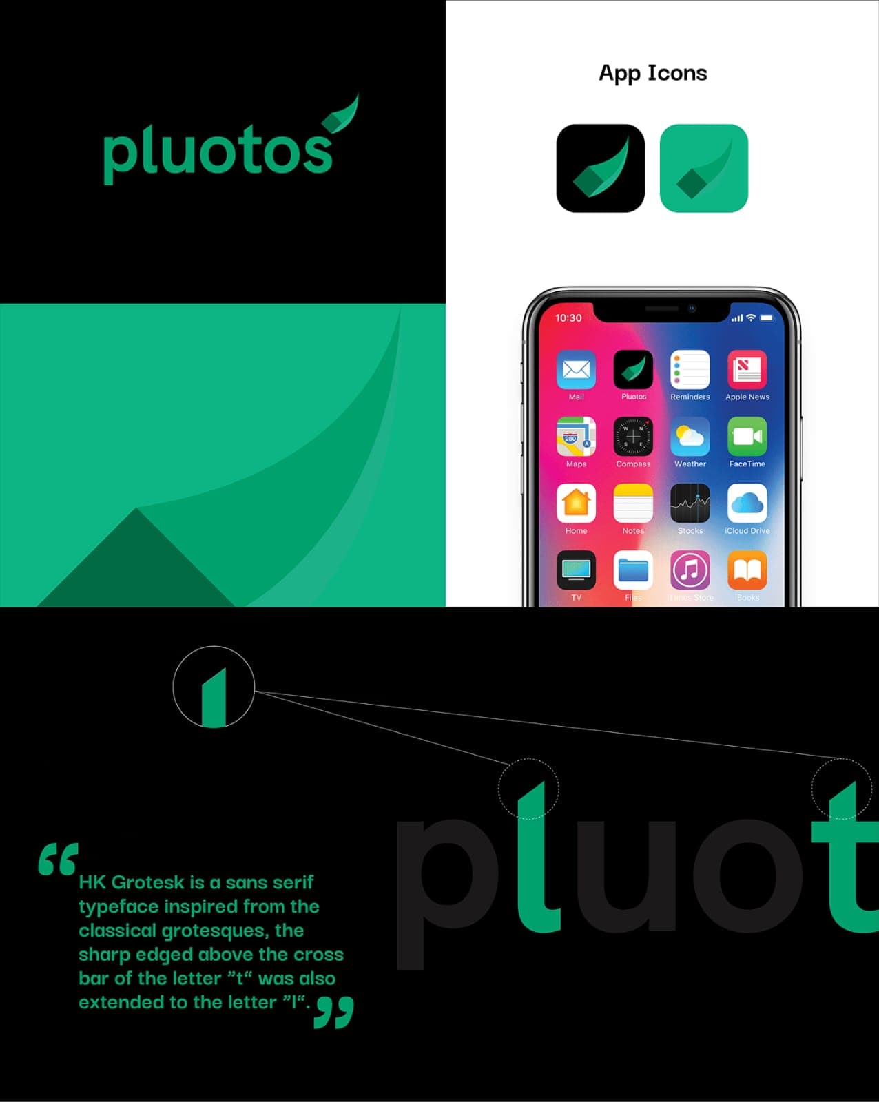 Pluotos app icon system with logo, icons, phone screen, and brand typography