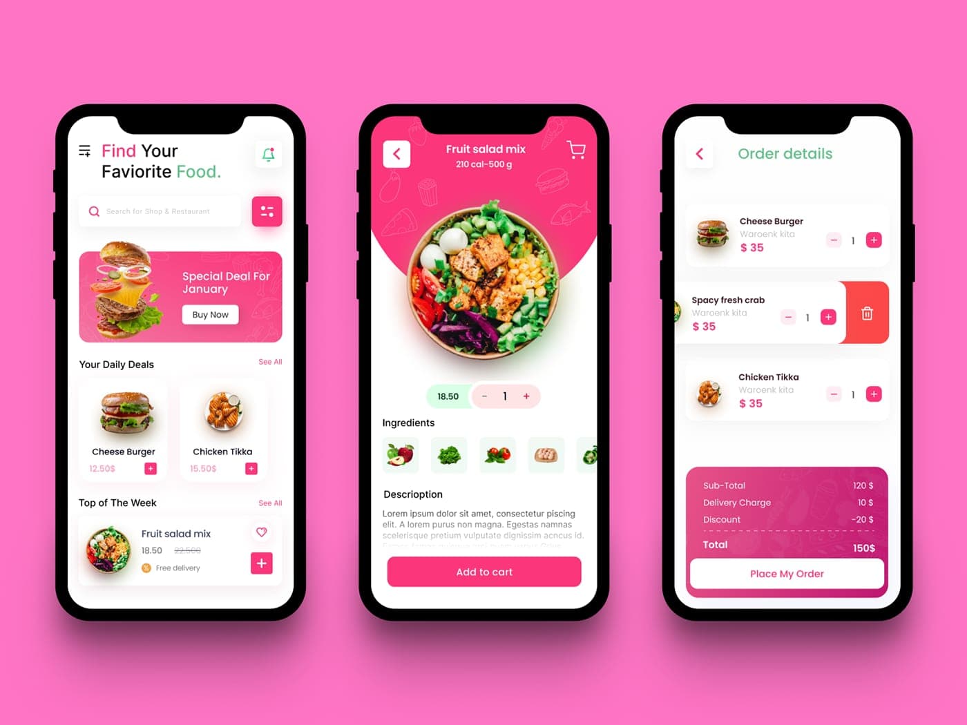 Food delivery mobile app screens with pink interface design