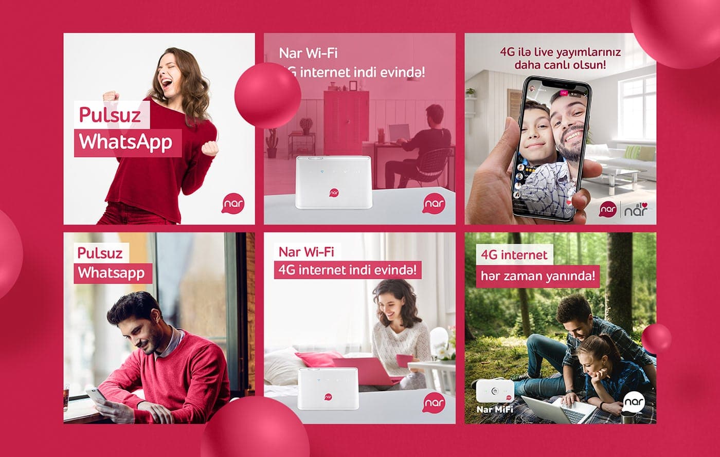 Nar telecom social media campaign grid with pink promotional posts