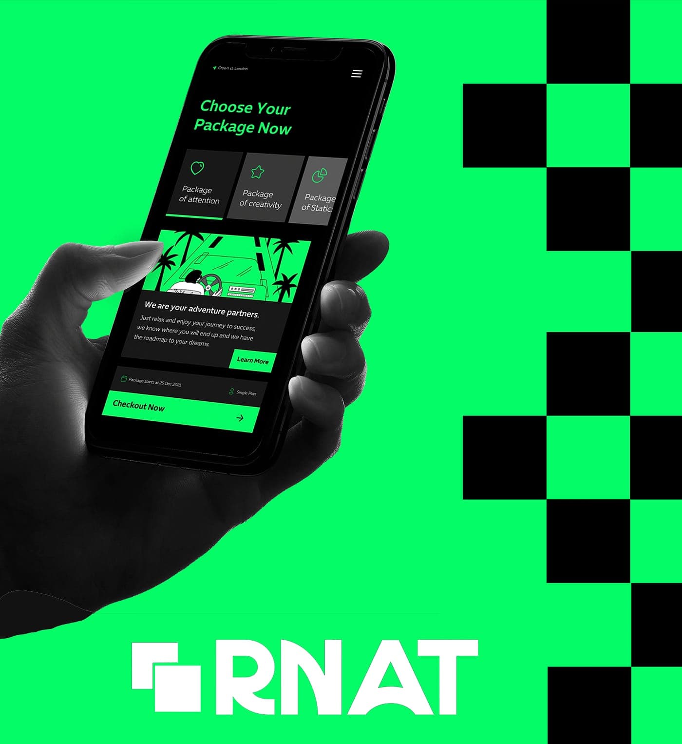 RNAT app interface poster with phone UI and large brand mark