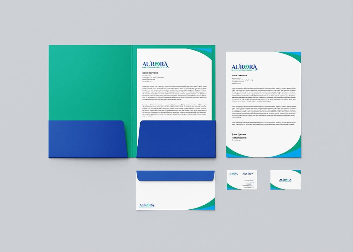 Aurora hospital stationery set with folders, letterheads, envelopes, and cards
