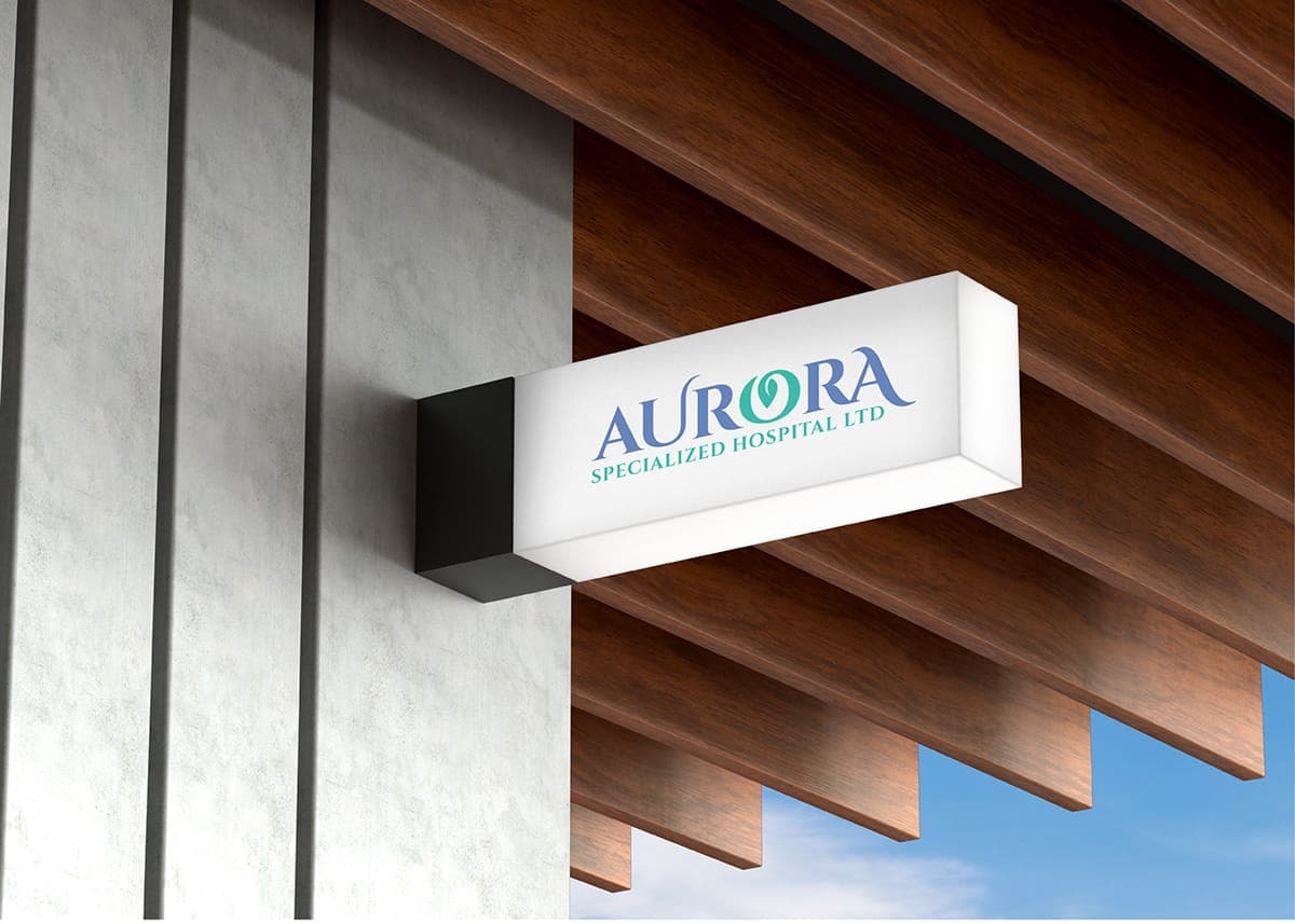 Aurora hospital exterior signage mockup on a modern building
