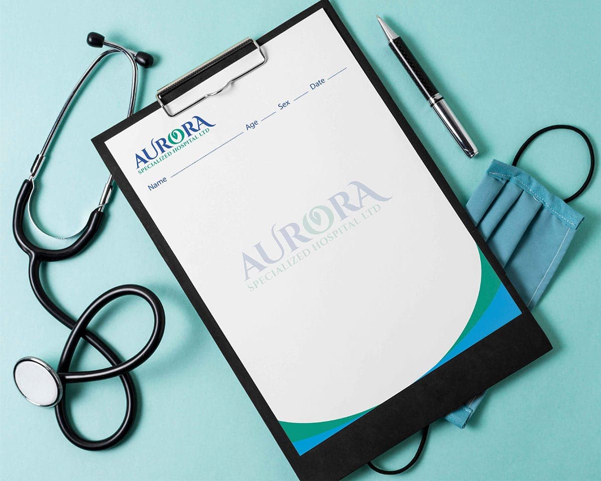 Aurora hospital medical form design on a clipboard with stethoscope