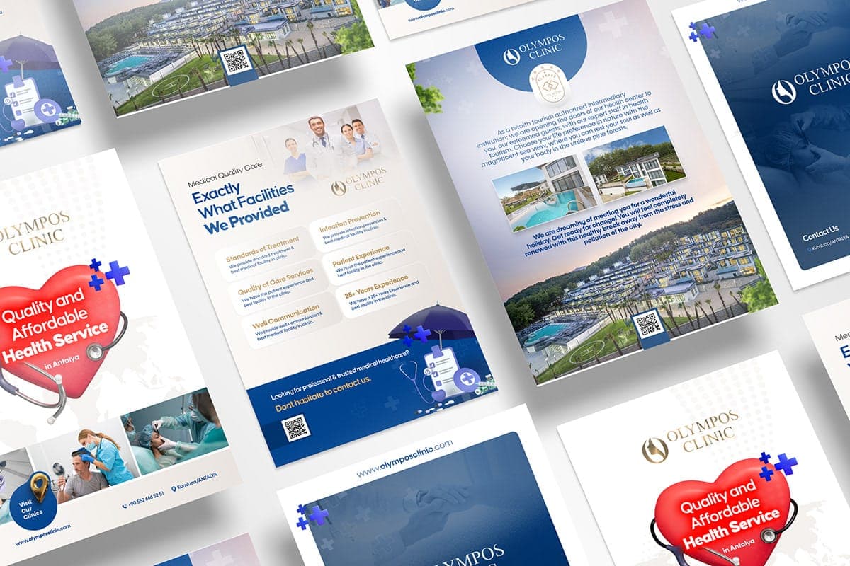 Olympos Clinic healthcare flyer set arranged as a promotional campaign board