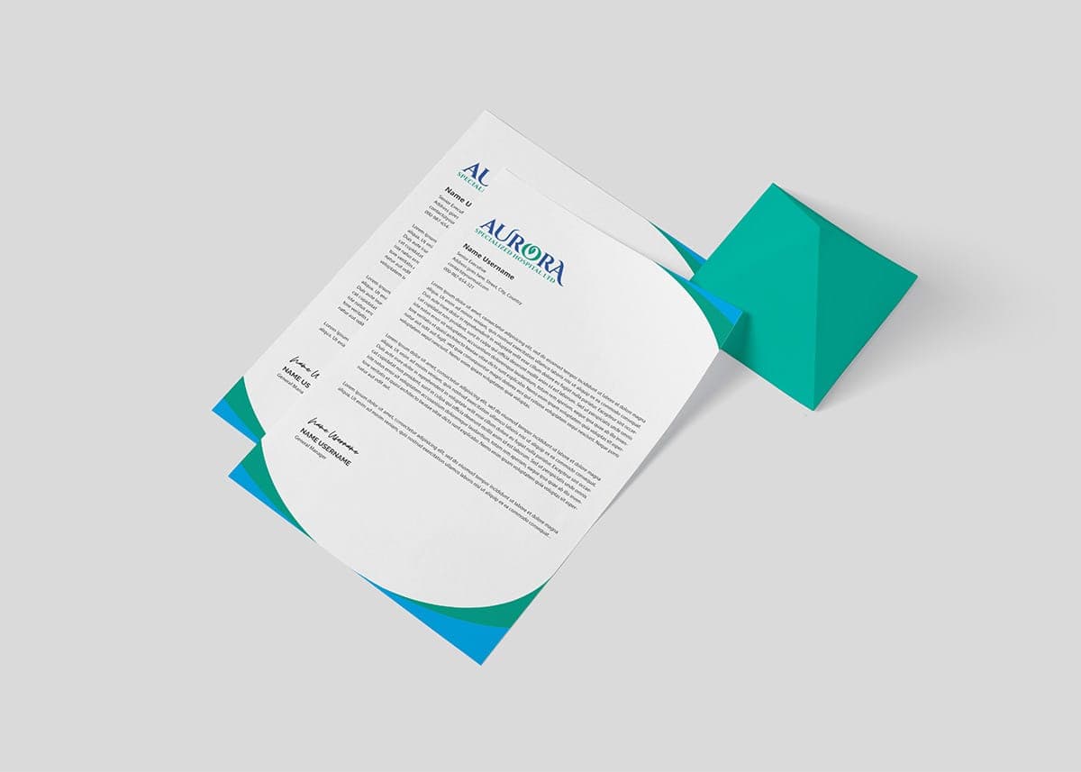 Aurora hospital letterhead mockup with folded brand sheet and envelope
