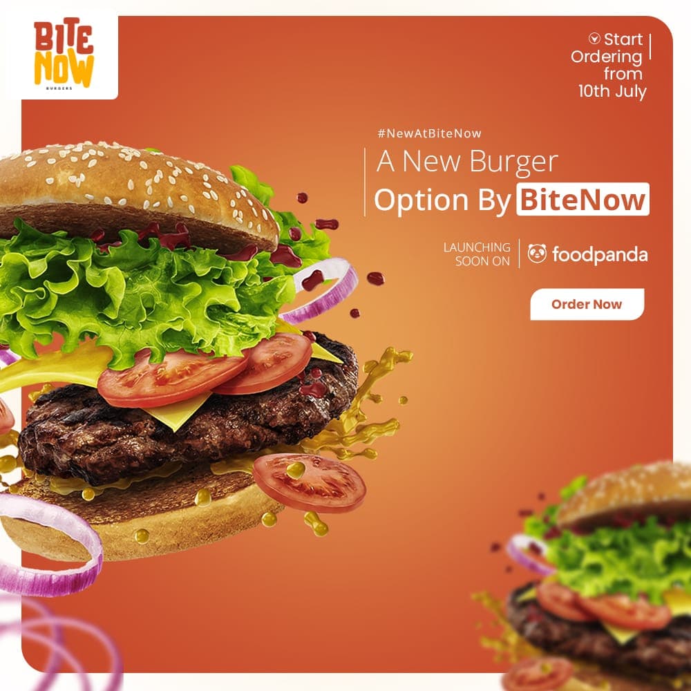 BiteNow burger launch promotional creative with orange background and order now CTA
