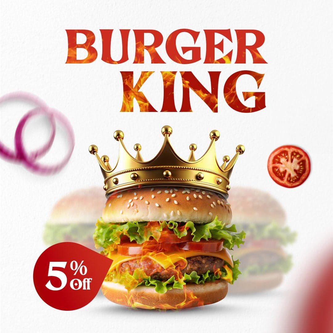 Burger King style promotional food creative with crown and discount badge