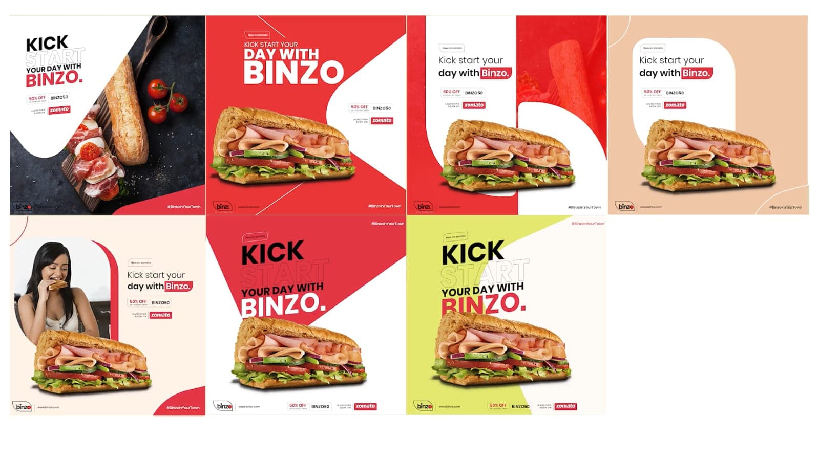 Binzo food campaign system with multiple sandwich promotion layouts