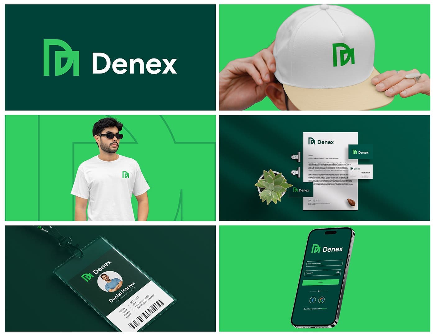 Denex brand identity system with logo, cap, shirt, stationery, ID card, and app screen mockups