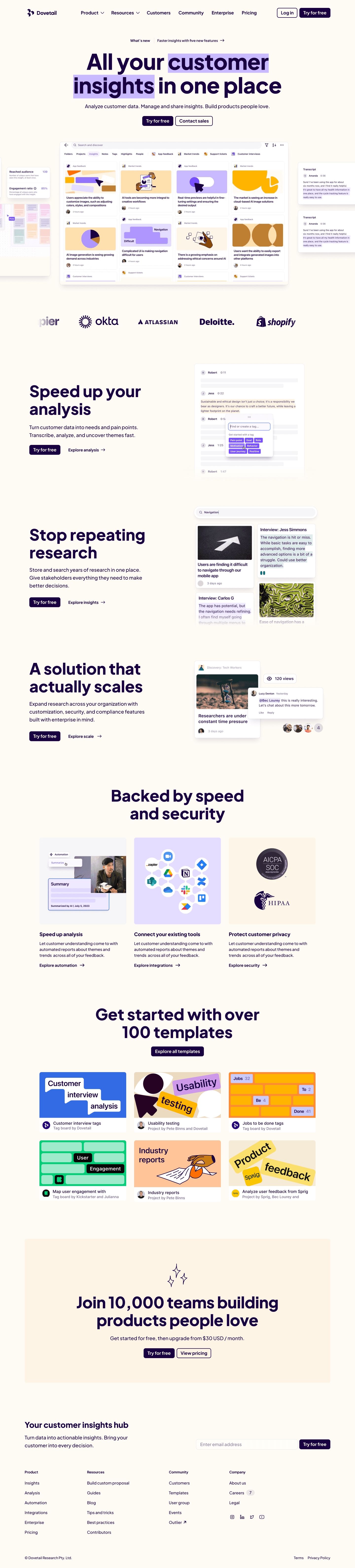 Dovetail customer insights platform website UI preview