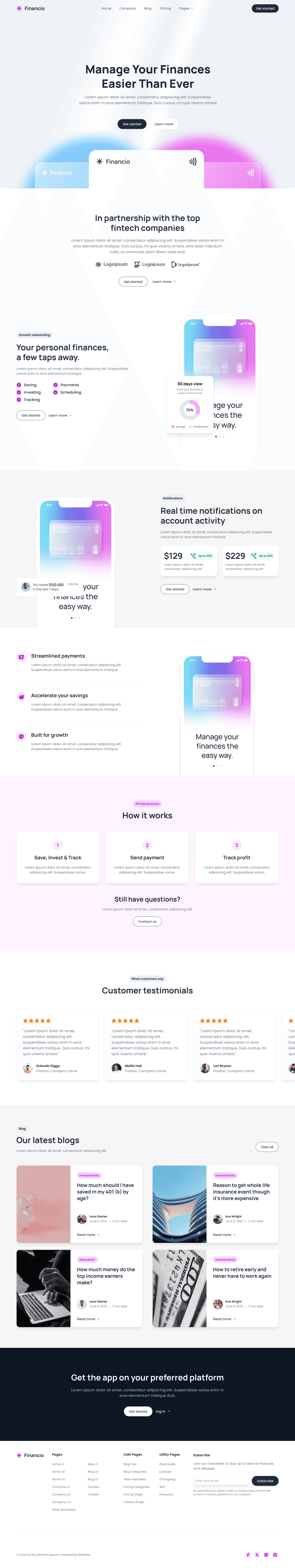 Financio finance app website UI preview